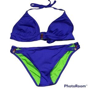 Becca 2pc Swimsuit Top D Bottom Lg Purple Green Beaded Nylon Spandex Preloved